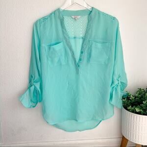 Candie's Mint half button blouse chevron lace